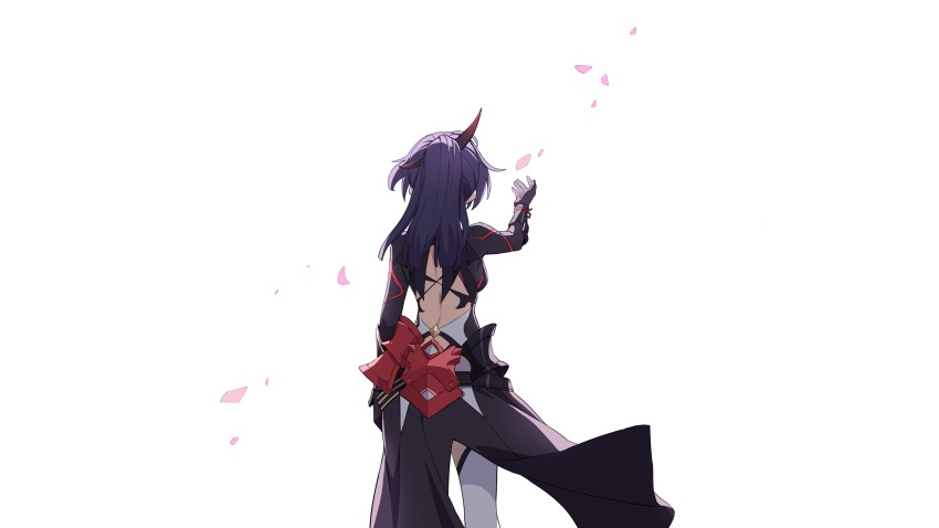 1girl absurdres back_cutout black_dress black_gloves chinese_commentary clothing_cutout commentary_request dress falling_petals fled from_behind gloves hair_ornament highres honkai_(series) honkai_impact_3rd long_sleeves petals purple_hair raiden_mei raiden_mei_(danzai_spectramancer) solo thighhighs white_background white_thighhighs