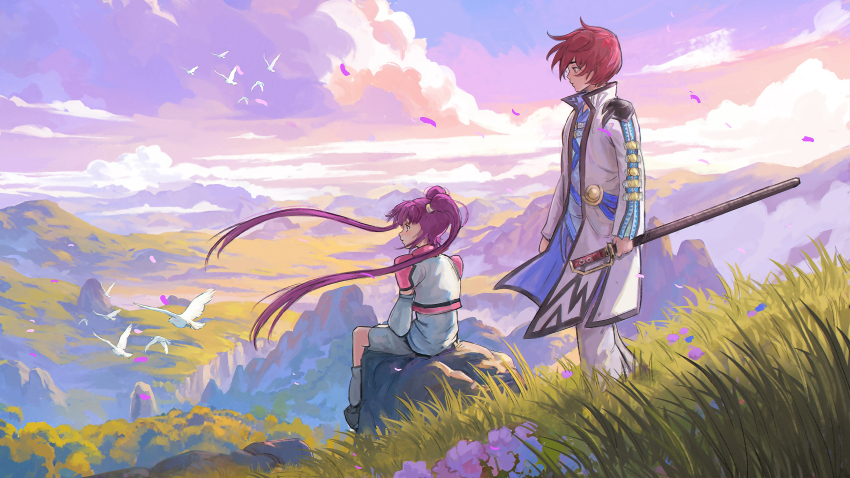 1boy 1girl absurdres art_of_papayou asbel_lhant bird blush brown_hair cloud cloudy_sky detached_sleeves dress falling_petals field flower highres holding holding_sword holding_weapon long_hair official_alternate_costume on_rock petals purple_eyes purple_hair second-party_source sheath sheathed short_hair sky sophie_(tales) standing sword tales_of_(series) tales_of_graces twintails weapon
