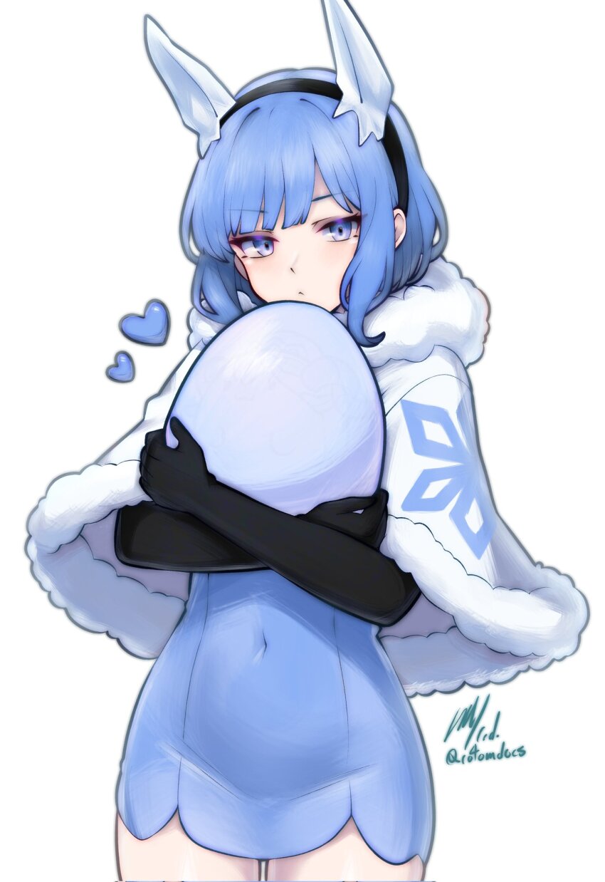 1girl artist_name black_gloves black_hairband blue_dress blue_eyes blue_hair cloak commentary covered_navel dress egg elbow_gloves english_commentary fire_emblem fire_emblem_heroes fur-trimmed_cloak fur_trim gloves hairband heart highres holding holding_egg ice_horns looking_at_viewer nifl_(fire_emblem) nintendo rotomdocs short_dress short_hair signature simple_background snowflake_print solo white_background white_cloak