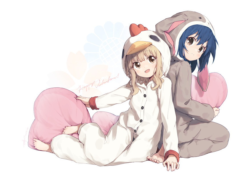 2girls absurdres animal_costume ap04astral barefoot blue_hair blush brown_eyes brown_hair buttons cherry_blossoms chicken_costume closed_mouth commentary crossed_legs fang floral_background flower from_behind furutani_himawari happy_valentine heart heart-shaped_pillow highres holding holding_pillow hood hood_up looking_at_another multiple_girls oomuro_sakurako open_mouth pillow rabbit_costume seiza sitting sleeve_cuffs sunflower wavy_hair white_background yokozuwari yuruyuri