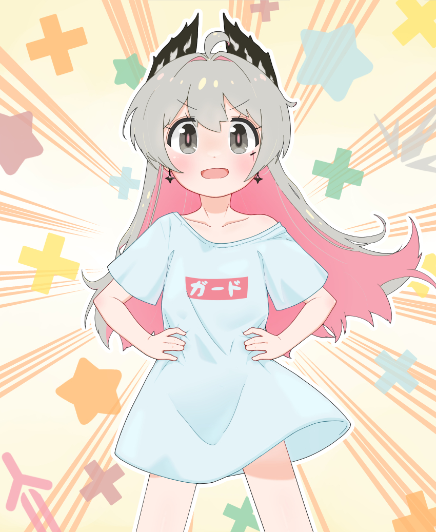 1girl :d absurdres ahoge arknights blush colored_inner_hair cowboy_shot earrings grey_eyes grey_hair hair_between_eyes hands_on_own_hips head_wings highres irene_(arknights) jewelry kushaaaa4 long_hair looking_at_viewer multicolored_hair multicolored_nails onii-chan_wa_oshimai! open_mouth oyama_mahiro parody pink_hair pink_pupils shirt short_sleeves smile solo two-tone_nails v-shaped_eyebrows white_shirt wings