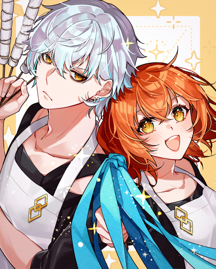 1boy 1girl :d apron black_shirt chaldea_logo earrings fate/grand_order fate_(series) fujimaru_ritsuka_(female) grey_hair highres holding ichino_tomizuki jewelry kadoc_zemlupus open_mouth orange_eyes orange_hair shirt short_hair smile sparkle white_apron