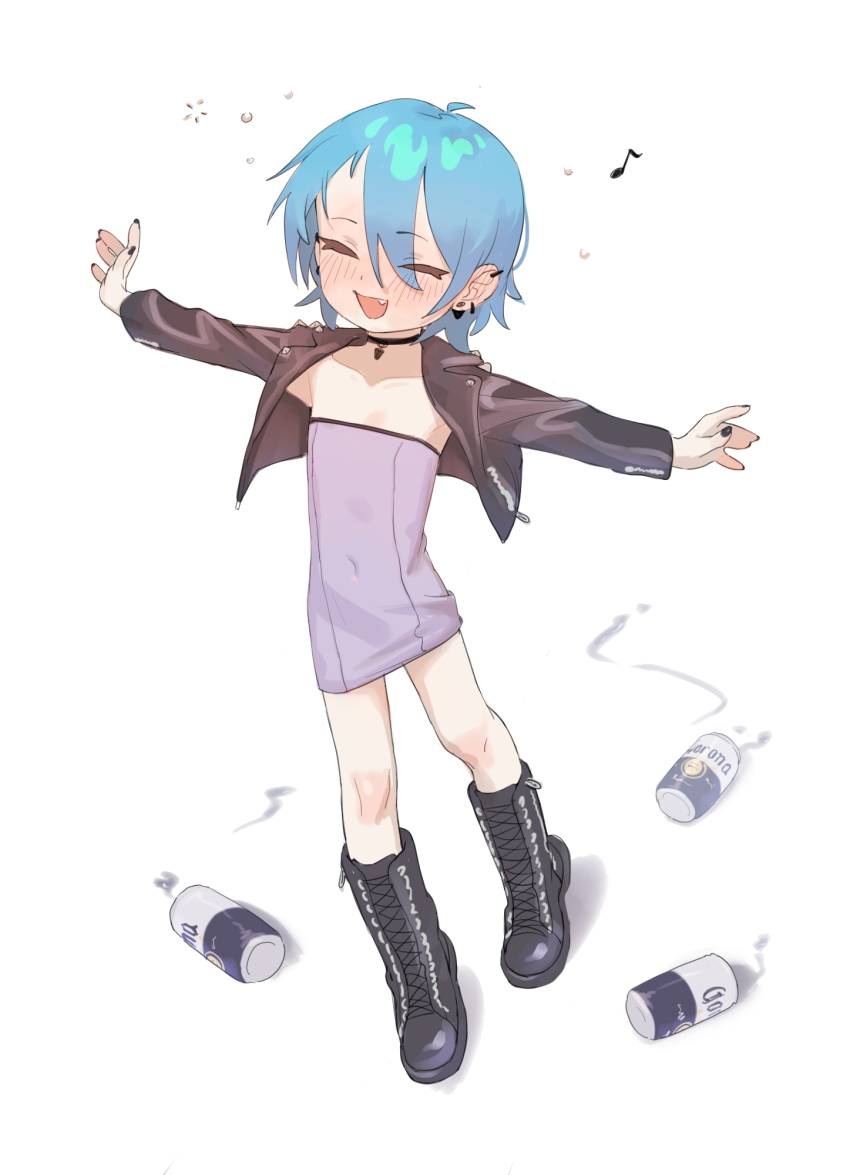 1girl beer_can blue_hair blush boots can choker dress drink_can drunk ear_piercing erika_(kusa_mori) flat_chest full-face_blush highres kusamori musical_note original petite piercing quarter_note short_hair simple_background sleeveless sleeveless_dress white_background