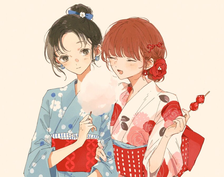2girls ^_^ black_hair closed_eyes earrings food grabbing_another&#039;s_arm highres holding holding_food japanese_clothes jewelry kakmxxxny06 kimono kono_koi_wo_hoshi_ni_wa_negawanai kousaka_fuyuki light_smile multiple_girls red_hair second-party_source sharing_food shirai_eri simple_background upper_body
