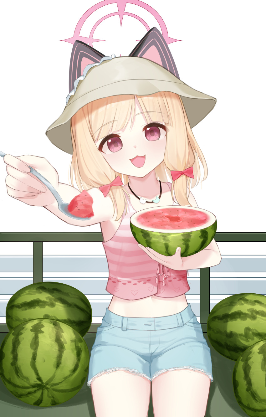 1girl absurdres animal_ears bare_shoulders blonde_hair blue_archive camisole cat_ears cat_necklace denim denim_shorts fake_animal_ears food fruit grey_hat hair_ribbon halo hat highres holding holding_food holding_fruit holding_spoon holding_watermelon incoming_food looking_at_viewer midriff_peek momoi_(blue_archive) pink_camisole pink_eyes pink_halo pink_ribbon ribbon shorts sitting solo spoon striped_camisole watermelon watermelon_slice wlswlp