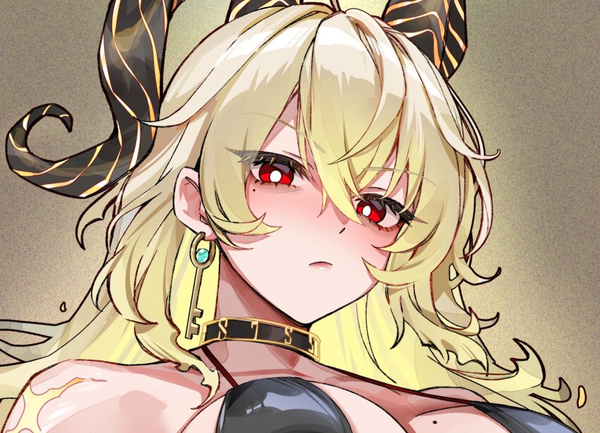 1girl alternate_costume bags_under_eyes bare_shoulders black_choker black_horns blonde_hair breasts bright_pupils choker closed_mouth collarbone cropped curled_horns earrings foxyreine hair_between_eyes highres horns jewelry key_earrings large_breasts long_hair looking_at_viewer mole mole_on_breast mole_under_eye portrait red_eyes solo white_pupils wuthering_waves zani_(wuthering_waves)