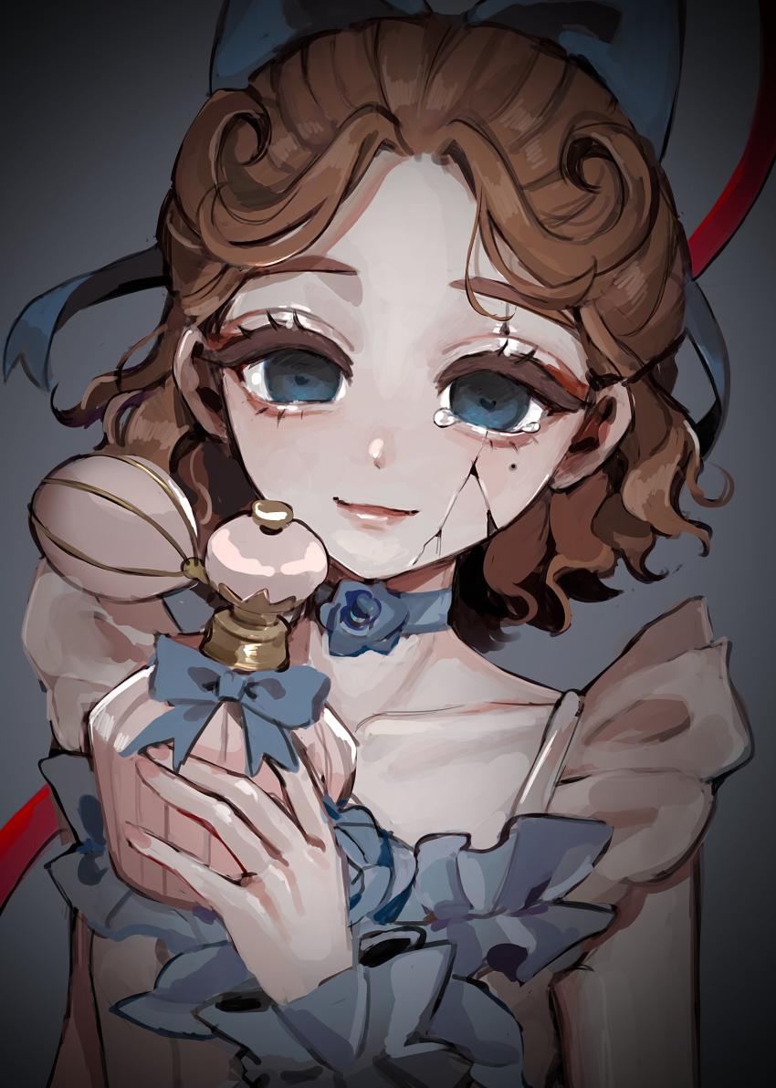 1girl absurdres alternate_eye_color blue_bow blue_eyes bottle bow choker collarbone cracked_skin curly_hair dress eyeshadow frilled_dress frills grey_background hair_bow highres hoge_(n8sss) holding holding_bottle identity_v makeup medium_hair mole mole_under_eye nail_polish official_alternate_costume parted_bangs perfume_bottle pink_nails red_eyeshadow red_shoes_(identity_v) simple_background sleeveless sleeveless_dress smile tearing_up vera_nair vera_nair_(red_shoes) vignetting white_dress