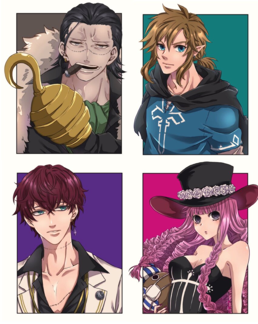 1girl 3boys aqua_background black_eyes black_shirt blue_eyes brown_background cape cigar coat collared_shirt commentary_request crocodile_(one_piece) dress drill_hair earrings flower fur-trimmed_coat fur_trim hat highres hook_hand jewelry kumacy link long_hair looking_at_viewer mahoutsukai_no_yakusoku male_focus mask mithra_(mahoutsukai_no_yakusoku) mouth_mask multiple_boys nintendo one_piece perona pink_background pink_hair pointy_ears purple_background red_hair rose shirt sidelocks stitched_face stitches strapless strapless_dress the_legend_of_zelda top_hat upper_body white_flower white_rose yorozu_rkgk_m