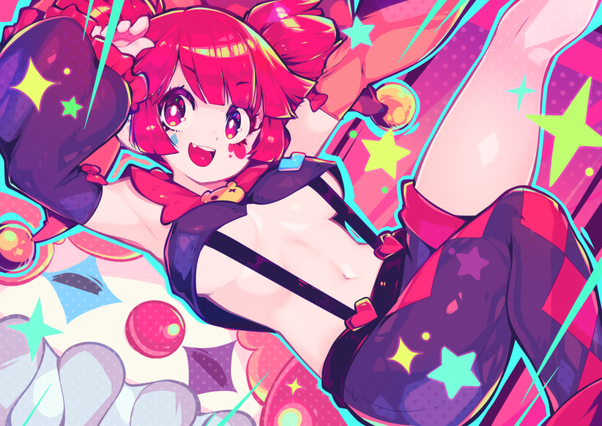 1girl asymmetrical_clothes breasts bright_pupils buro_(joker)_(muse_dash) buro_(muse_dash) clown commentary detached_sleeves english_commentary leg_up looking_at_viewer medium_breasts muse_dash navel open_mouth parororo red_eyes red_hair single_pantsleg smile solo suspenders teeth underboob upper_teeth_only