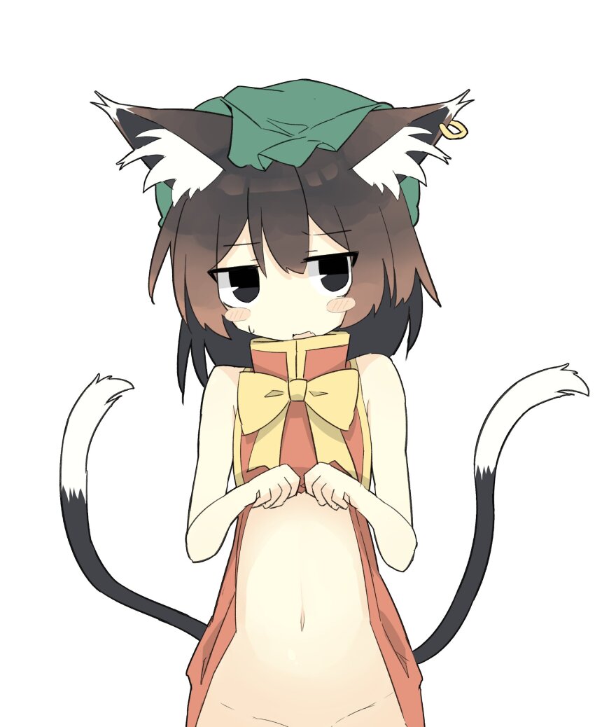 1girl adapted_costume animal_ear_fluff animal_ear_piercing animal_ears bare_arms bare_shoulders black_eyes blush_stickers bow bowtie brown_eyes cat_ears cat_tail chen clothes_lift double-parted_bangs dress dress_lift earrings fang flat_chest frills green_hat groin hair_between_eyes hat highres jewelry lifting_own_clothes looking_at_viewer medium_hair mob_cap multiple_tails navel nekomata open_mouth red_dress ro_74 simple_background single_earring skin_fang sleeveless solo tail touhou two_tails white_background yellow_bow yellow_bowtie