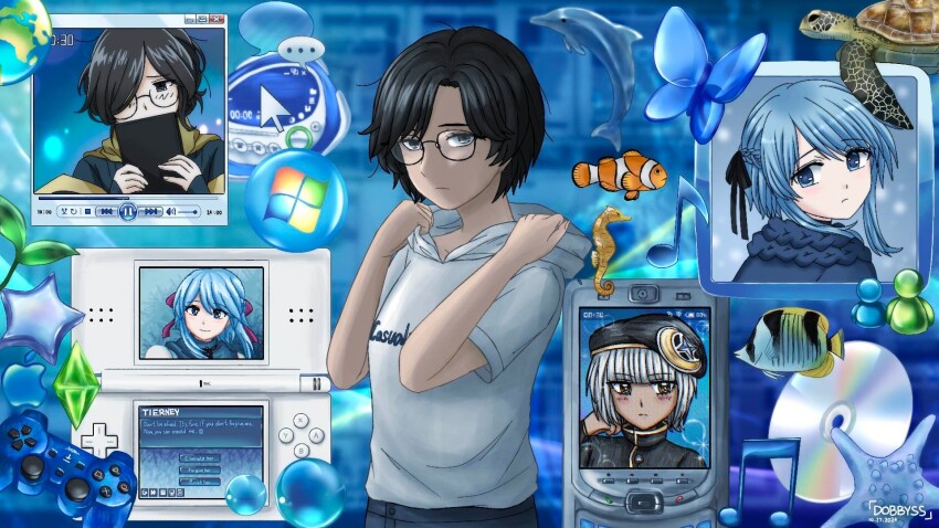 2boys 3girls apple_inc. black_hair blue_hair cd cellphone check_gender clownfish commentary_request dobbyss dolphin earth_(planet) fish frutiger_aero gender_request glasses globe handheld_game_console hat highres itunes microsoft_windows multiple_boys multiple_girls musical_note nintendo nintendo_ds nintendo_ds_lite original phone planet plumbob_(the_sims) sea_turtle short_hair thai_commentary the_sims tropical_fish turtle msn_messenger windows_media_player windows_vista