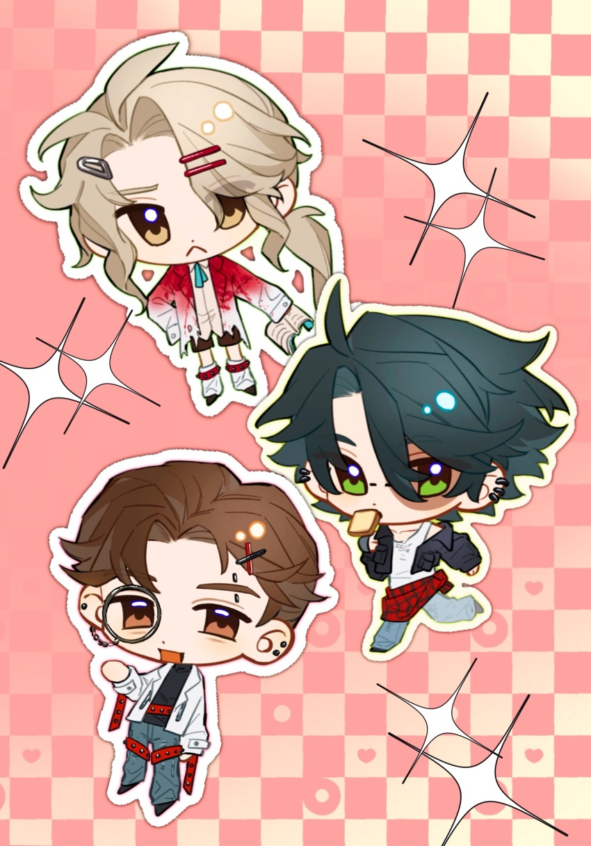 3boys :&lt; ahoge antenna_hair aqua_ribbon belt black_hair black_jacket black_shirt black_shoes black_shorts blonde_hair blood blood_on_clothes blue_pants book bread bread_slice brown_eyes brown_hair burn_scar chibi chibi_only chinese_commentary closed_mouth clothes_around_waist collared_shirt commentary_request cropped_jacket curtained_hair denim dianbo635 earclip earrings eyes_visible_through_hair food food_in_mouth frederick_kreiburg frown green_eyes grey_pants hair_between_eyes hair_ornament hairclip hand_up heart highres holding holding_book identity_v jacket jacket_around_waist jeans jewelry lapels leg_warmers long_hair long_sleeves male_focus monocle monocle_chain mouth_hold multiple_boys neck_ribbon no_sclera norton_campbell notched_lapels open_clothes open_jacket open_mouth orpheus_(identity_v) outline pants plaid_clothes plaid_jacket pocket red_background red_belt red_jacket ribbon running scar scar_on_face shirt shoes short_hair shorts sleeves_past_fingers sleeves_past_wrists smile sparkle stud_earrings tank_top toast toast_in_mouth torn_clothes torn_jacket untucked_shirt white_jacket white_leg_warmers white_outline white_shirt white_tank_top x_hair_ornament yellow_eyes