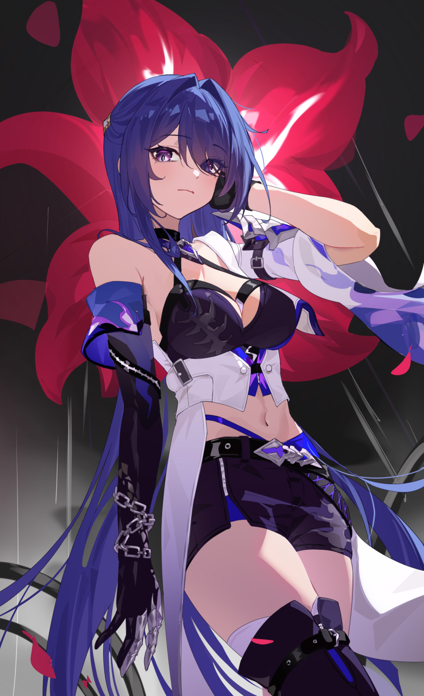 1girl absurdres acheron_(honkai:_star_rail) bandages boots breasts buckle chain choker crop_top detached_sleeves duplicate flower gloves hashtag-only_commentary highres honkai:_star_rail honkai_(series) jacket large_breasts long_hair navel open_clothes open_jacket pixel-perfect_duplicate purple_eyes purple_hair shorts single_bare_shoulder single_detached_sleeve solo strap thigh_boots thighs very_long_hair wudongyouyi