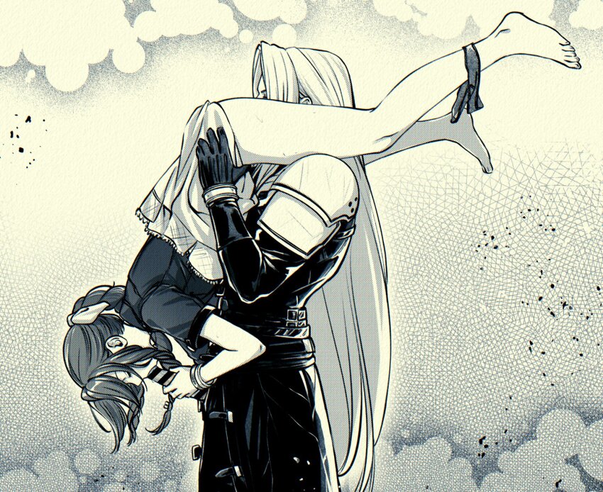 1boy 1girl aerith_gainsborough armor bangle barefoot black_coat black_gloves bracelet braid braided_ponytail closed_eyes clothes_lift coat cunnilingus dress dress_lift fellatio final_fantasy final_fantasy_vii final_fantasy_vii_remake full_body gloves hetero jewelry kay-i long_coat long_dress long_hair long_sleeves oral panties panty_pull parted_bangs penis sephiroth sepia short_sleeves shoulder_armor sidelocks single_braid standing straight_hair underwear wavy_hair white_hair