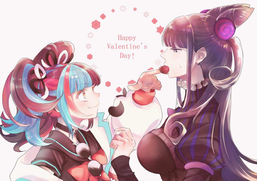 2girls absurdres black_choker black_dress black_hair black_sailor_collar black_serafuku blue_hair blue_jacket breasts candy chocolate chocolate_heart choker commentary double_bun dress english_text fate/grand_order fate_(series) food from_side grin hair_bun happy_valentine heart heart-shaped_food highres jacket large_breasts large_pectorals long_hair looking_at_another multicolored_hair multiple_girls murasaki_shikibu_(fate) murasaki_shikibu_(first_ascension)_(fate) neckerchief pectorals purple_eyes red_hair red_neckerchief sailor_collar school_uniform sei_shounagon_(fate) sei_shounagon_(first_ascension)_(fate) serafuku sidelocks smile sunglasses suyo sweat teeth twintails unworn_eyewear valentine yellow_eyes yuri