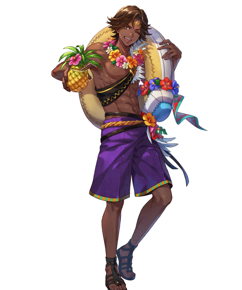 1boy abs brown_eyes brown_hair dark-skinned_male dark_skin fire_emblem fire_emblem_engage fire_emblem_heroes flower flower_necklace fogado_(fire_emblem) fogado_(summer)_(fire_emblem) food fruit highres innertube jewelry lei looking_at_viewer male_focus male_swimwear necklace nintendo non-web_source official_alternate_costume official_art one_eye_closed open_mouth pineapple purple_swim_trunks sandals smile solo star-shaped_pupils star_(symbol) swim_ring swim_trunks symbol-shaped_pupils tachi-e transparent_background