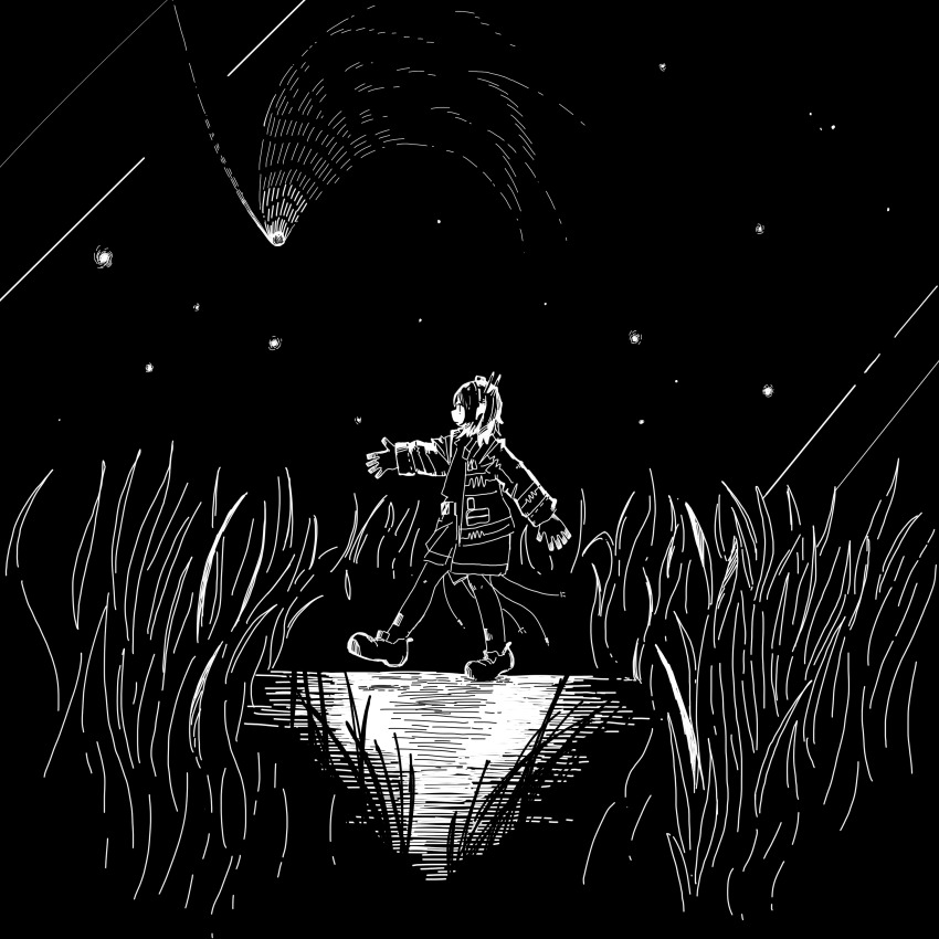 1girl a.i._voice absurdres adachi_rei belt cable closed_mouth comet expressionless from_side full_body grass greyscale highres jacket long_sleeves looking_ahead meteor_shower mid-stride monochrome night open_clothes open_jacket outstretched_arm profile shoes side_ponytail skirt sky sneakers solo star_(sky) starry_sky subaru_namisaki tall_grass utau walking wide_shot