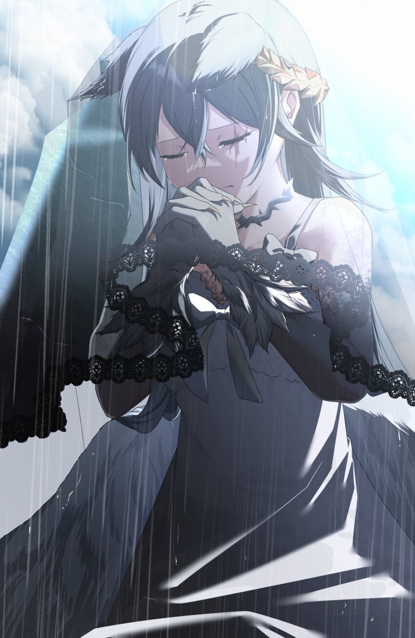 1girl animal_ears black_dress black_ribbon black_veil black_wings cat_ears choker claws closed_eyes closed_mouth cloud cloudy_sky commission commissioner_upload debuff999 dress feathered_hair feathered_wings funeral_dress gold_claws gradient_skin highres kneeling laurel_crown non-web_source original outdoors praying rain ribbon sad scar scar_across_eye scar_on_face sky solo thorns veil wet wings