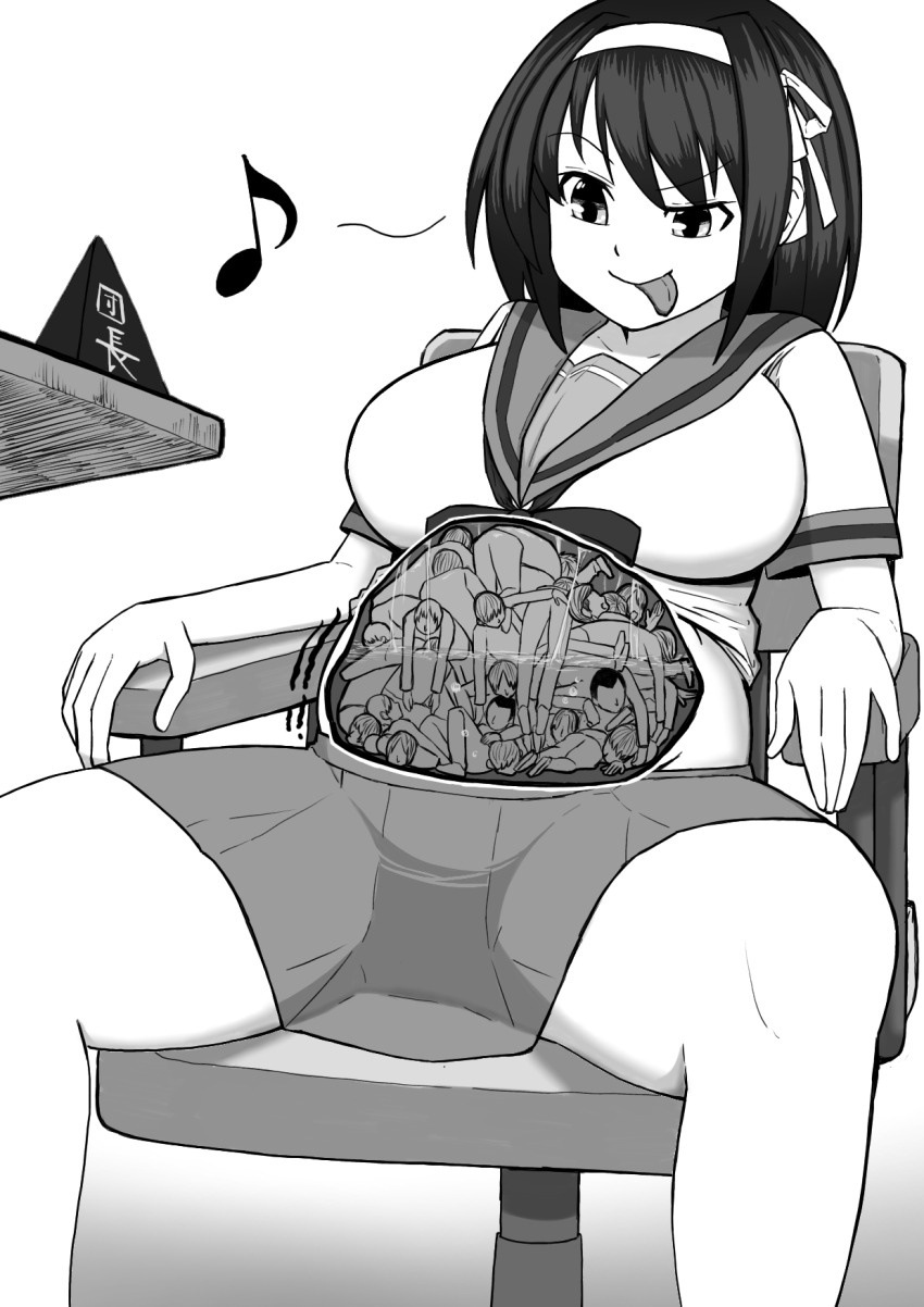 1girl big_belly chair digestion greyscale highres koshi80 koshi_(koshi_80) looking_down mini_person monochrome multiple_boys non-web_source simple_background sitting size_difference suzumiya_haruhi suzumiya_haruhi_no_yuuutsu vore