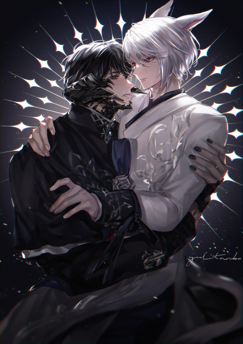 2boys animal_ears au_ra warrior_of_light_(ff14) black_hair black_nails black_sclera closed_mouth colored_sclera final_fantasy final_fantasy_xiv highres horns long_sleeves looking_at_another miqo&#039;te multiple_boys nail_polish red_eyes signature white_hair yaoi yuli_(yulipo)