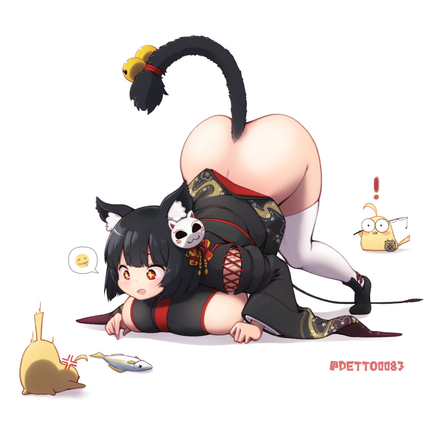 ! 1girl anger_vein animal_ears ass azur_lane black_hair blush bottomless breasts cat_ears cat_tail deto highres japanese_clothes kimono large_breasts manjuu_(azur_lane) mask mask_on_head no_panties open_mouth red_eyes short_hair star-shaped_pupils star_(symbol) symbol-shaped_pupils tail thighhighs top-down_bottom-up white_thighhighs yamashiro_(azur_lane)