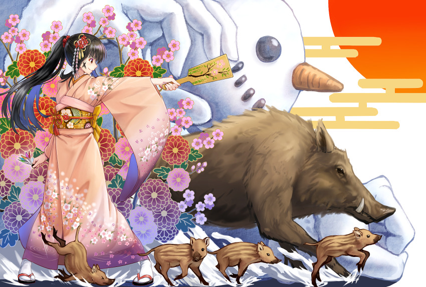 1girl black_hair boar clenched_hand egasumi female_focus floral_print flower hair_ornament hand_up highres japanese_clothes kimono long_hair macha0331 new_year obi original pink_kimono ponytail profile sandals sash smile snowman solo standing tripping white_legwear wide_sleeves zouri