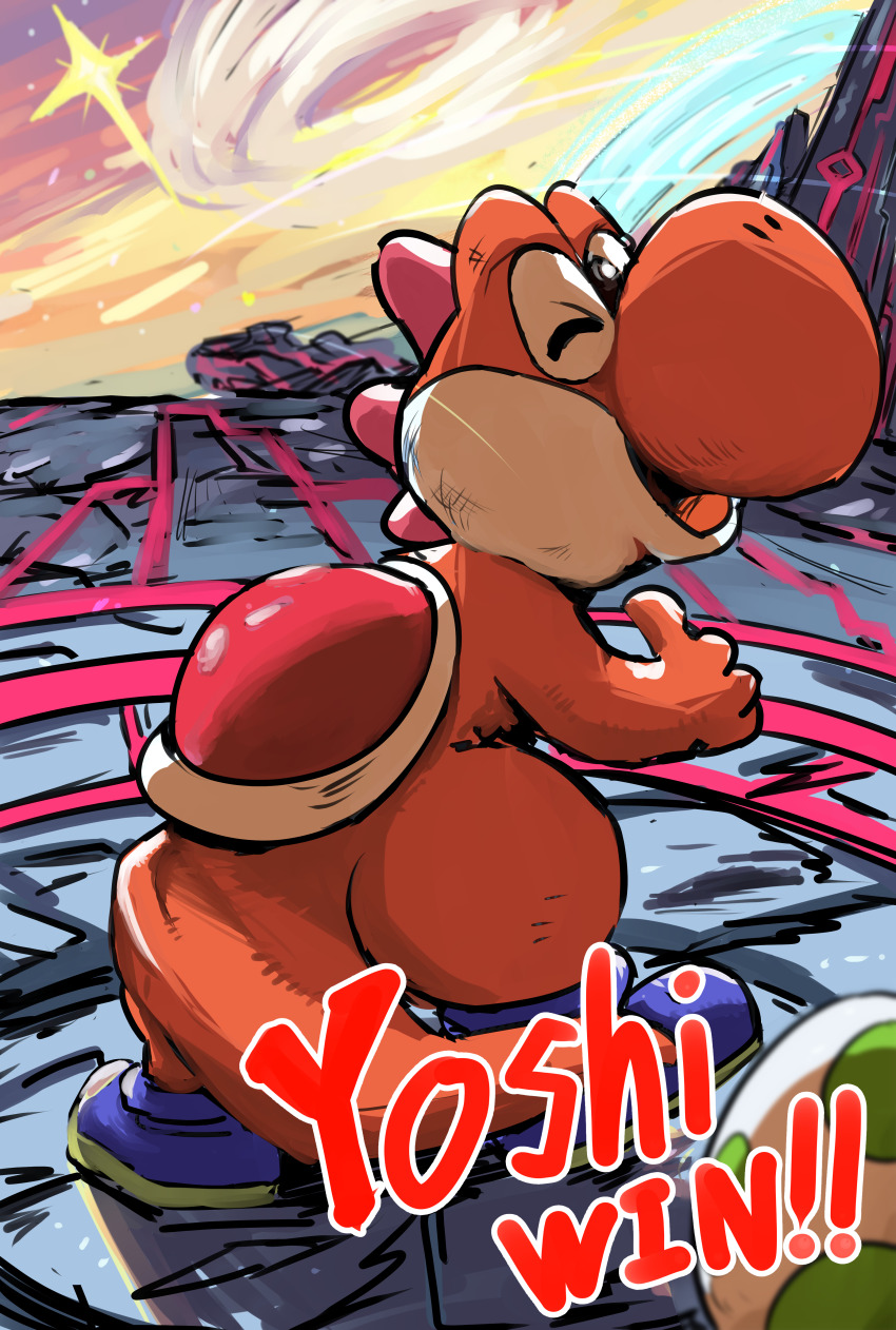 1other ;d absurdres blue_shoes character_name commentary_request dinosaur dinosaur_tail egg english_text final_destination_(smash_bros) highres ishijimajirou looking_at_viewer looking_back mario_(series) nintendo nose one_eye_closed open_mouth red_yoshi shoes smile solo super_smash_bros. tail thumbs_up yoshi yoshi_egg