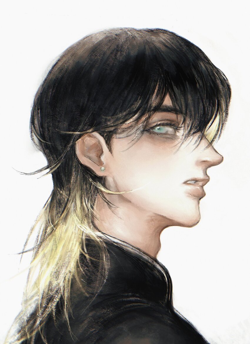 1boy a_io_u black_hair black_jacket blonde_hair earrings gakuran giorno_giovanna green_eyes hair_between_eyes haruno_shiobana highres jacket jewelry jojo_no_kimyou_na_bouken long_hair looking_at_viewer male_focus multicolored_hair parted_lips school_uniform solo two-tone_hair upper_body vento_aureo white_background