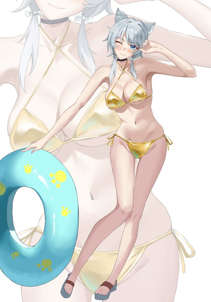 1girl ;) animal_ear_fluff animal_ears armpits bikini black_choker blue_eyes cat_ears cat_girl choker cipher_(honkai:_star_rail) commentary_request criss-cross_halter full_body gold_bikini grey_hair halterneck higashiwun_izumi highres holding holding_swim_ring honkai:_star_rail honkai_(series) innertube navel no_tail one_eye_closed sandals short_hair_with_long_locks smile solo stomach swim_ring swimsuit toes white_background zoom_layer
