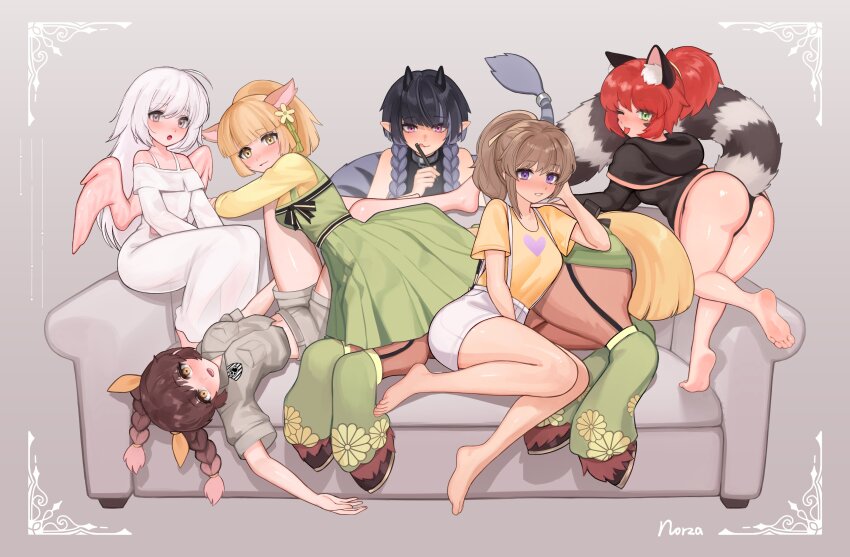 6+girls absurdres ass blonde_hair braid centaur couch dress fawn_(norza) highres horns looking_at_viewer lying_on_person multiple_girls norza on_couch original paid_reward_available panties raccoon_tail red_hair short_shorts shorts tail taur twin_braids underwear wings