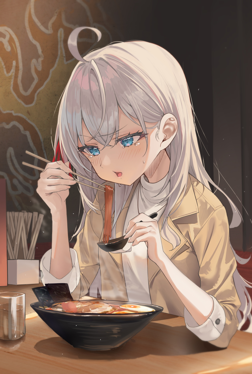 1girl absurdres ahoge alisa_mikhailovna_kujou blue_eyes brown_jacket chopsticks commentary eating food grey_hair hair_between_eyes highres holding holding_chopsticks holding_spoon jacket kerno long_hair long_sleeves noodles open_clothes open_jacket parted_lips ramen shirt sitting solo spicy spoon tearing_up tokidoki_bosotto_roshia-go_de_dereru_tonari_no_alya-san turtleneck white_shirt