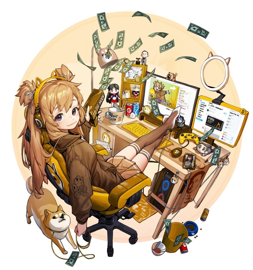 1girl animal_ear_headphones animal_ears artist_name bad_id bad_twitter_id banknote bishoujo_senshi_sailor_moon blush bowl brown_eyes brown_hair brown_jacket brown_skirt brown_thighhighs can cellphone chair charm_(object) chopsticks coin computer computer_tower controller cryptocurrency cup_ramen doge dollar_bill drink_can elon_musk fake_animal_ears figure game_controller gaming_chair hair_ornament hair_ribbon headphones highres holding holding_leash instant_ramen jacket computer_keyboard lamp leash legs_up long_hair looking_at_viewer looking_back mat messy_hair money monitor computer_mouse no_shoes office_chair original pen pet_bowl pet_food phone pleated_skirt ribbon rinotuna sailor_mars shiba_inu simple_background skirt smartphone smile soda_can solo speaker stuffed_toy swivel_chair thighhighs trash_can twintails welsh_corgi white_ribbon youtube zettai_ryouiki