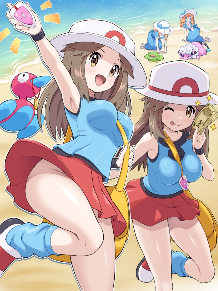 3girls :d ;p absurdres after_battle arm_up badge bag beach between_breasts blonde_hair blue_dress blue_socks blue_tank_top breasts brown_eyes brown_hair day dress flaaffy gen_2_pokemon handbag hat highres holding holding_badge holding_money lady_(pokemon) leaf_(pokemon) long_hair medium_breasts miniskirt money multiple_girls multiple_views nintendo no_panties one_eye_closed open_mouth outdoors pokemoa pokemon pokemon_(creature) pokemon_frlg porygon2 red_shoes red_skirt shoes skiploom skirt smile socks strap_between_breasts sun_hat tank_top thighs tongue tongue_out victory water white_hat yellow_bag