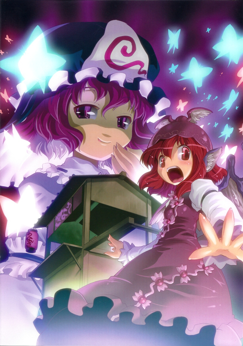2girls :p alternate_hair_color bug butterfly cart female_focus food_stand foreshortening from_below hat highres bug mizuki_hitoshi multiple_girls mystia_lorelei no_nose non-web_source noren purple_eyes purple_hair red_eyes red_hair saigyouji_yuyuko scan tongue tongue_out touhou wings
