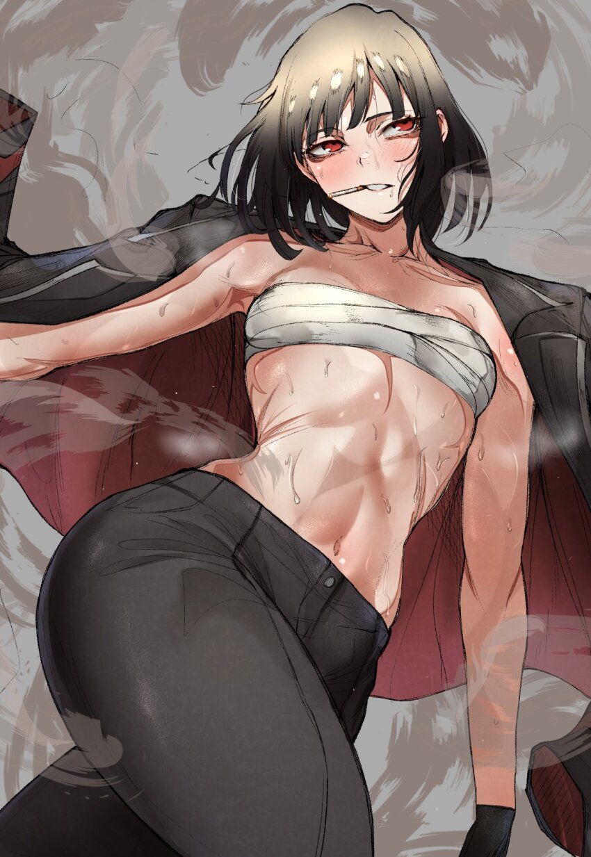 black_hair black_jacket black_pants chest_sarashi cigarette highres jacket limbus_company medium_hair nb8c pants project_moon ryoshu_(project_moon) sarashi smoking sweat
