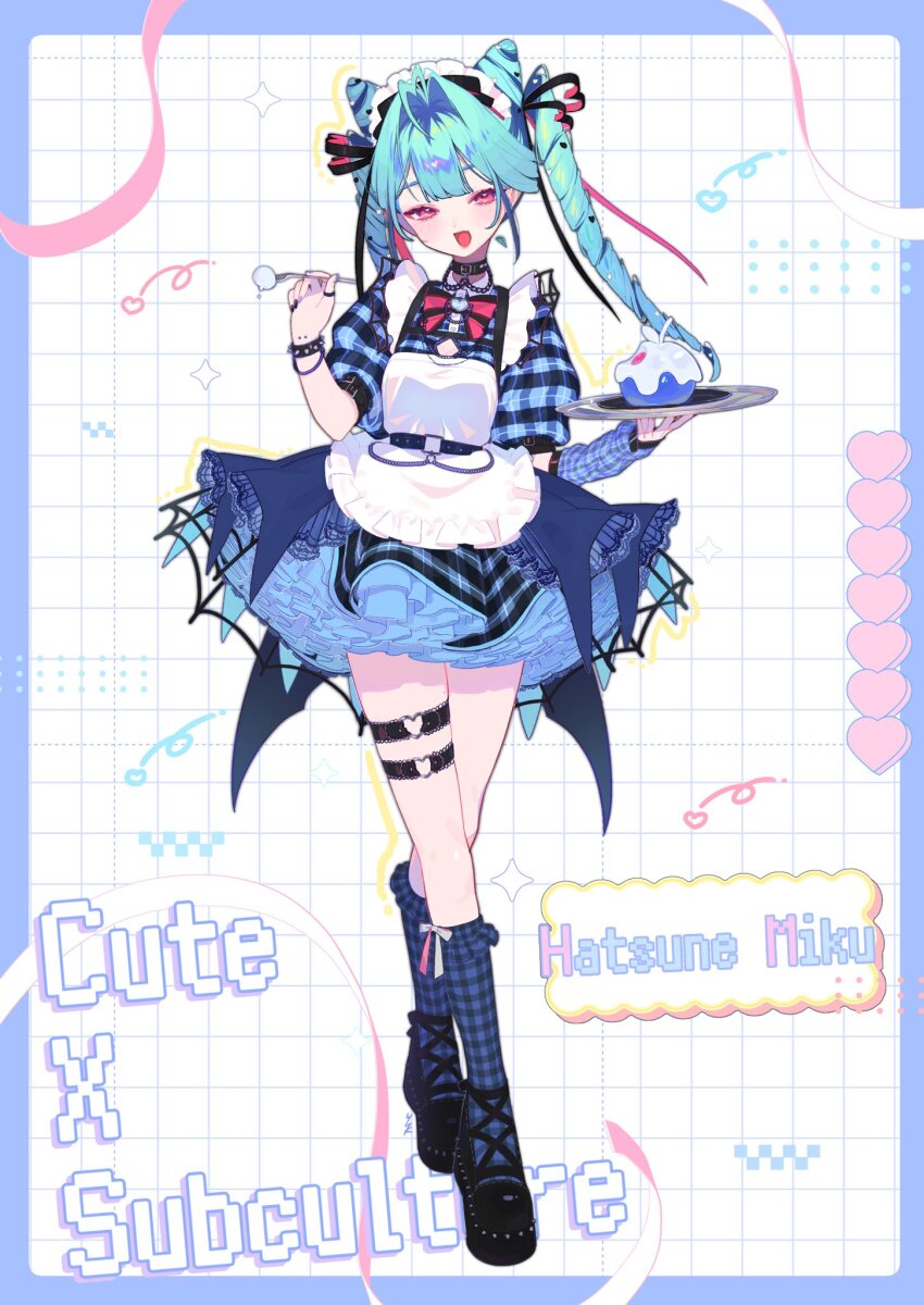 1girl :d alternate_costume apron black_shoes blue_border blue_dress blue_hair blue_socks blush border character_name cross-laced_shoes cupcake dress enmaided food frilled_apron frills full_body grid_background hashtag-only_commentary hatsune_miku highres holding holding_plate holding_spoon long_hair looking_at_viewer maid maid_headdress multiple_thigh_straps open_mouth plaid_clothes plaid_socks plate shoes short_sleeves smile socks solo spoon standing vocaloid white_apron white_background yuusuke_(yyy_xp)
