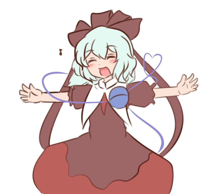 1girl closed_eyes cosplay dress eighth_note facing_viewer green_hair hair_ribbon heart heart_of_string highres kagiyama_hina kagiyama_hina_(cosplay) komeiji_koishi mizusoba musical_note open_mouth outstretched_arms red_dress red_ribbon ribbon short_hair short_sleeves simple_background smile solo standing third_eye touhou white_background