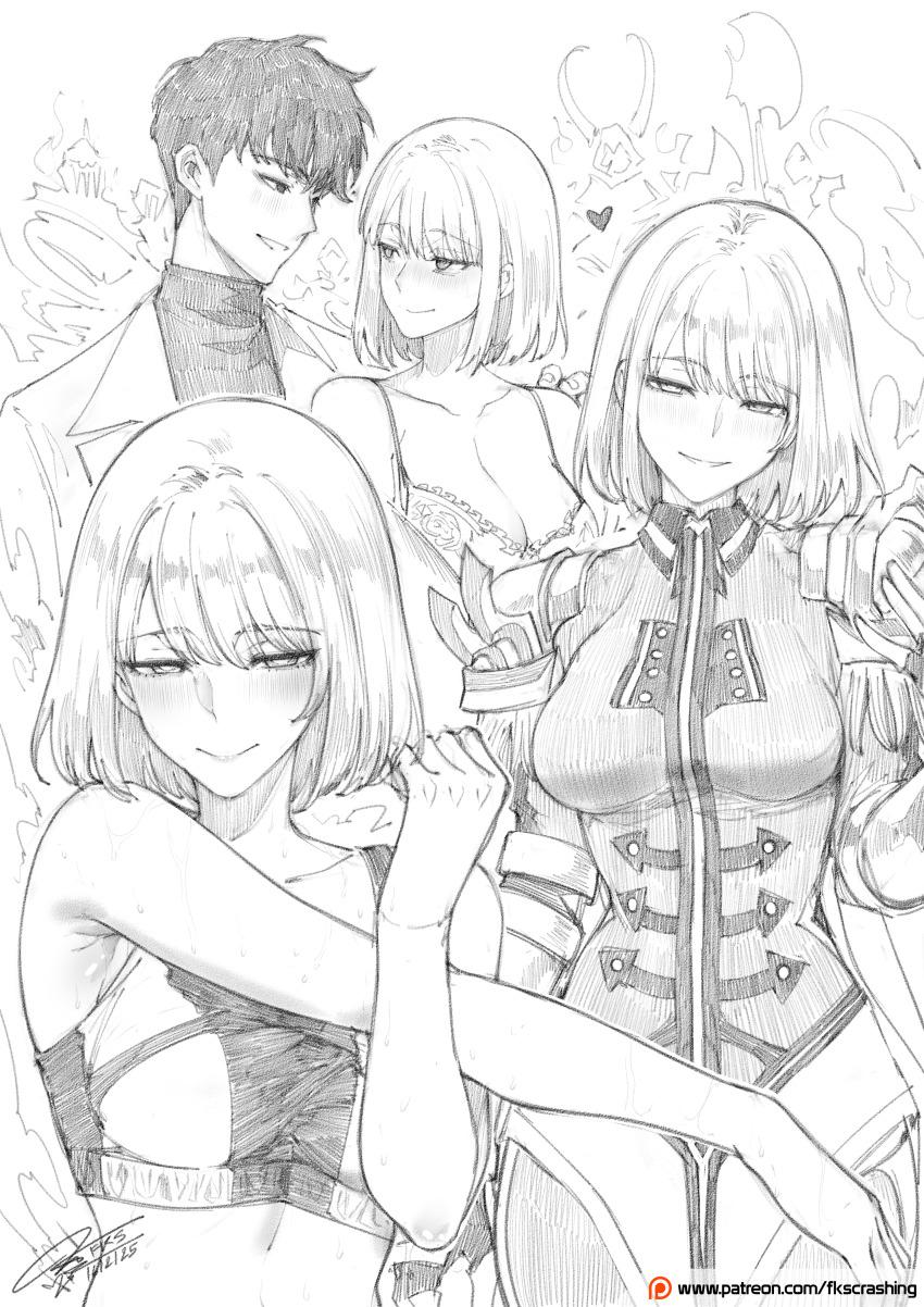 1boy 1girl absurdres armor armpits blush bra breasts cha_hae-in cleavage closed_mouth eyebrows_hidden_by_hair fkscrashing full-face_blush gauntlets greyscale hair_between_eyes hand_on_another&#039;s_shoulder heart highres igris_(solo_leveling) iron_(solo_leveling) jacket lace lace-trimmed_bra lace_trim large_breasts lips looking_at_another looking_at_viewer monochrome multiple_views open_mouth pauldrons short_hair shoulder_armor signature simple_background smile solo_leveling sports_bra stretching sung_jin-woo sweater underwear upper_body white_background