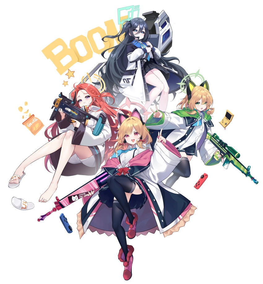 4girls :d aalinglingqi absurdres animal_ear_headphones animal_ears aqua_eyes aqua_halo aris_(blue_archive) bag_of_chips battle_rifle black_hair black_jacket black_shorts black_skirt black_socks black_thighhighs blonde_hair blue_archive blue_jacket blue_necktie blush bow braid breasts buttons cat_ear_headphones cat_ears chinese_commentary chips_(food) closed_mouth collared_shirt commentary_request controller dress_shirt english_text eyes_visible_through_hair fake_animal_ears floating_hair food forehead frilled_jacket frills full_body game_console game_controller game_development_department_(blue_archive) green_bow green_eyes green_halo green_jacket grenade_launcher gun h&amp;k_g3 hair_between_eyes hair_bow halo hand_up handheld_game_console headphones highres holding holding_gun holding_strap holding_weapon huge_weapon jacket joy-con knee_up long_hair long_sleeves looking_at_viewer low-tied_sidelocks m320 midori_(blue_archive) miniskirt momoi_(blue_archive) multi-source_commentary multicolored_jacket multiple_girls necktie nyan_cat one_side_up open_clothes open_jacket open_mouth outstretched_arm parted_bangs pink_eyes pink_halo pink_jacket pink_shoes pleated_skirt pocket pointing pointing_up potato_chips power_symbol puffy_long_sleeves puffy_sleeves purple_eyes railgun rectangular_halo red_bow red_hair rifle sandals school_uniform shirt shirt_tucked_in shoes short_hair short_shorts shorts siblings sidelocks simple_background single_bare_foot single_braid single_sandal sisters skirt slides smile socks star_(symbol) suspender_skirt suspenders teeth thighhighs toes twins two-sided_fabric two-sided_jacket unbuttoned untucked_shirt unworn_sandals upper_teeth_only v v-shaped_eyebrows very_long_hair weapon white_background white_bow white_jacket white_sandals white_shirt white_shorts wide_sleeves yellow_halo yuzu_(blue_archive)