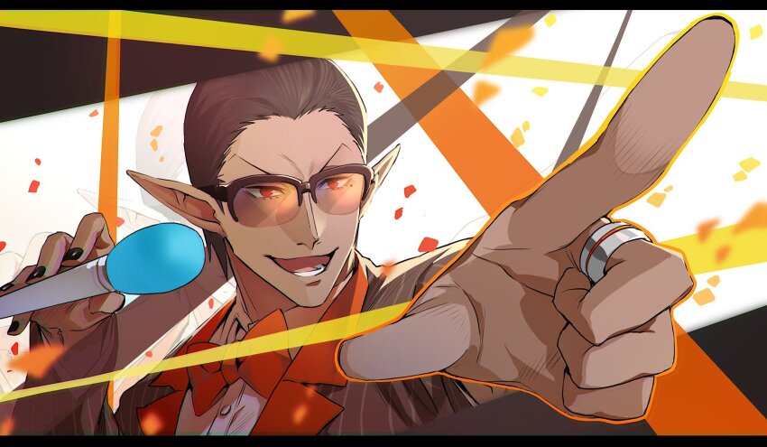 1boy black_nails bow bowtie brown_hair glasses gwelu_os_gar gwelu_os_gar_(1st_costume) highres holding holding_microphone jewelry jip lower_teeth_only male_focus microphone mole mole_under_eye nijisanji open_mouth orange_bow orange_bowtie pointy_ears red_eyes ring solo teeth virtual_youtuber