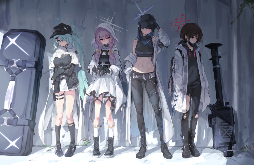 4girls absurdres arius_squad_(blue_archive) armband atsuko_(blue_archive) backpack bag baseball_cap belt_boots black_footwear black_gloves black_hair black_headwear black_hoodie black_mask black_socks blue_archive blue_eyes blush boots braid brown_hair cabbie_hat closed_mouth commentary_request crop_top dress fim-92_stinger full_body gas_mask gloves green_eyes hair_over_one_eye hair_ribbon halo hands_in_pockets hat highres hiyori_(blue_archive) holding holding_mask holster hood hood_down hooded_jacket hoodie jacket kneehighs light_green_hair long_hair long_sleeves looking_at_viewer mask mask_pull unworn_mask midriff misaki_(blue_archive) mouth_mask multiple_girls navel pants bulletproof_vest purple_hair red_eyes revision ribbon rocket_launcher saori_(blue_archive) scarf short_hair side_ponytail socks standing stomach surgical_mask thigh_holster torn_clothes torn_pants toshizou_(0714) turtleneck twin_braids weapon weapon_case white_dress white_jacket white_scarf white_socks yellow_ribbon