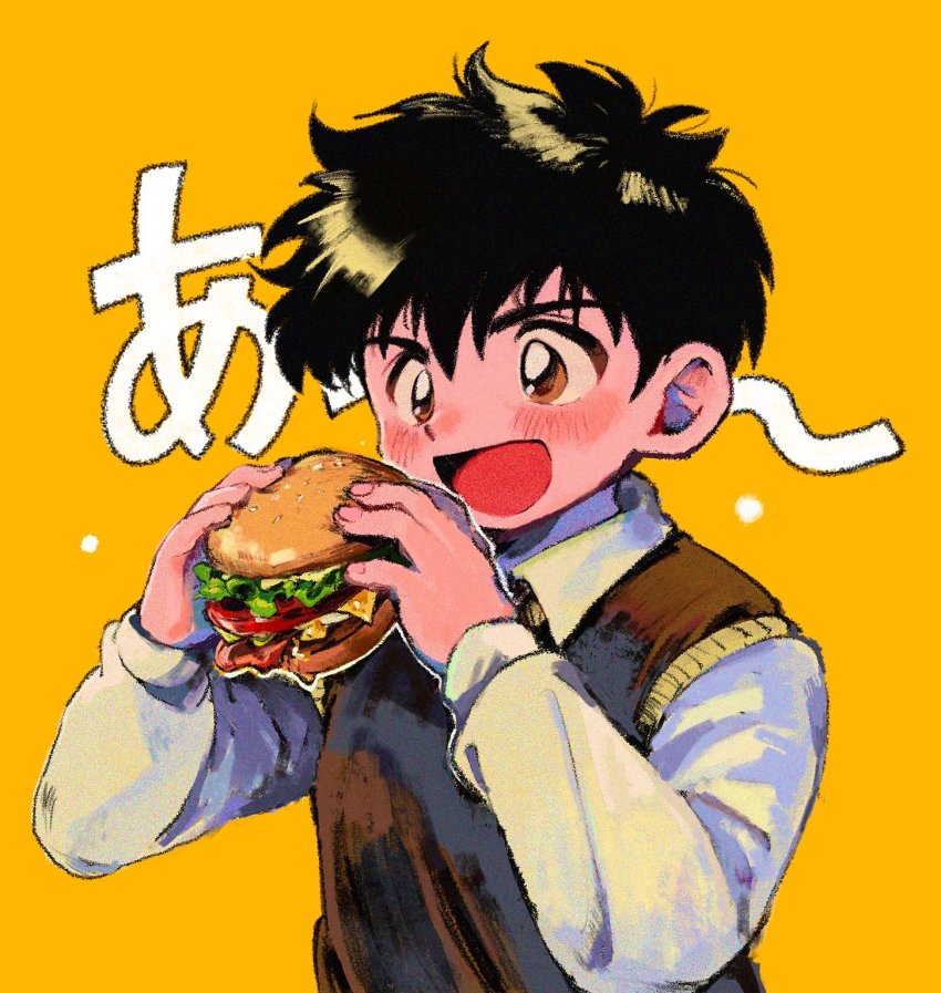 1boy bad_id bad_twitter_id black_hair blush brown_eyes brown_vest burger character_request check_character cheese collared_shirt commentary_request food highres holding holding_food honda_gorou lettuce long_sleeves major male_focus ok_ko19 open_mouth potato shirt short_hair simple_background smile solo upper_body vest white_shirt yellow_background