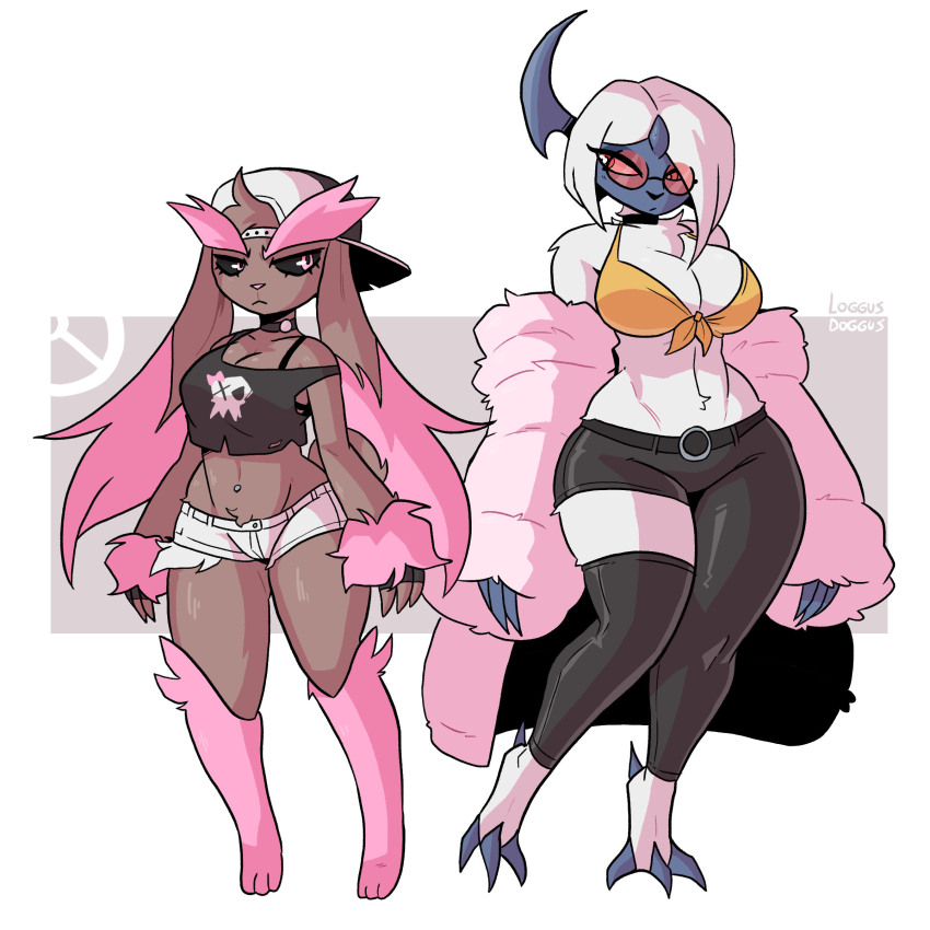 2022 absol absurdres baseball_cap bikini_top breasts cleavage coat crop_top fur fur_coat furry game_freak gen_3_pokemon gen_4_pokemon glasses hat highres leather leather_pants log_dog lopunny nintendo pants personification pink_hair pokemon pokemon_(creature) punk rabbit red_glasses short_shorts shorts sunglasses thick_thighs thighs tight_clothes tight_pants wide_hips