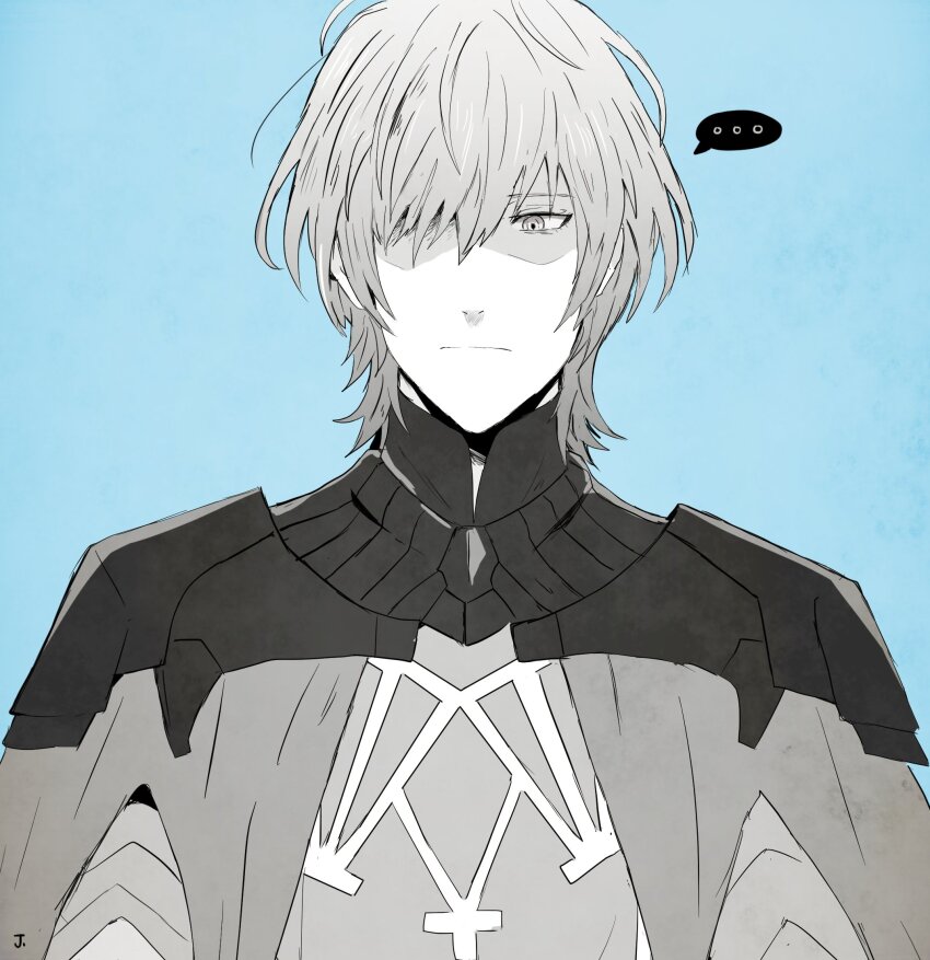 ... 1boy armor blue_background cape closed_mouth commentary_request fire_emblem fire_emblem:_three_houses frown gorget greyscale_with_colored_background hair_over_one_eye highres jupiter_(042073) looking_to_the_side male_byleth_(fire_emblem) male_focus nintendo one_eye_covered partially_shaded_face short_hair sideways_glance solo speech_bubble spoken_ellipsis wolf_cut