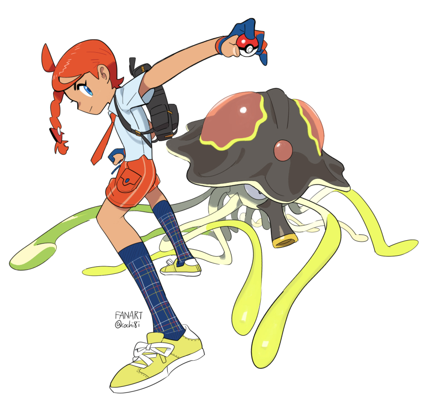 1girl ahoge arm_up artist_name asymmetrical_hair backpack bag black_eyes blue_eyes blue_gloves blue_shirt blue_socks braid clenched_hand closed_mouth cross-laced_footwear english_text female_focus flat_chest forehead_jewel from_side full_body gem gloves hair_ornament highres holding holding_poke_ball juliana_(pokemon) kochi8i legs_apart long_hair looking_back necktie nintendo orange_hair orange_necktie orange_shorts outstretched_arm partially_fingerless_gloves plaid_clothes plaid_socks pocket poke_ball poke_ball_(basic) pokemon pokemon_(creature) pokemon_sv red_gemstone school_uniform shirt shoes short_sleeves shorts signature simple_background single_braid socks standing tentacles toedscruel twitter_username white_background yellow_shoes