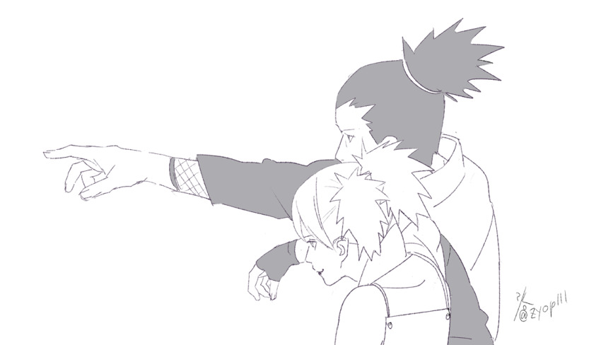 1boy 1girl black_gloves black_hair boruto:_naruto_next_generations closed_mouth fingerless_gloves gloves greyscale husband_and_wife monochrome nara_shikamaru naruto_(series) simple_background temari_(naruto) white_background zifletts