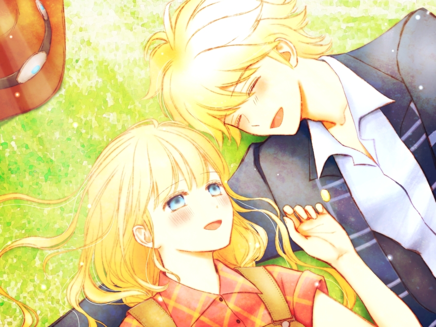 1boy 1girl :d arm_around_neck azu_rin_go blonde_hair blue_jacket blush bokujou_monogatari bokujou_monogatari:_mittsu_no_sato_no_taisetsuna_tomodachi brown_overalls closed_eyes collarbone collared_shirt cowboy_hat curled_fingers day flipped_hair hair_between_eyes hand_up happy hat highres jacket light_particles light_rays long_hair looking_at_another lying nanami_(bokujou_monogatari) on_back on_grass open_mouth outdoors overalls plaid_clothes plaid_shirt red_shirt shirt short_hair short_sleeves sidelocks smile unworn_hat unworn_headwear wayne_(bokujou_monogatari) white_shirt