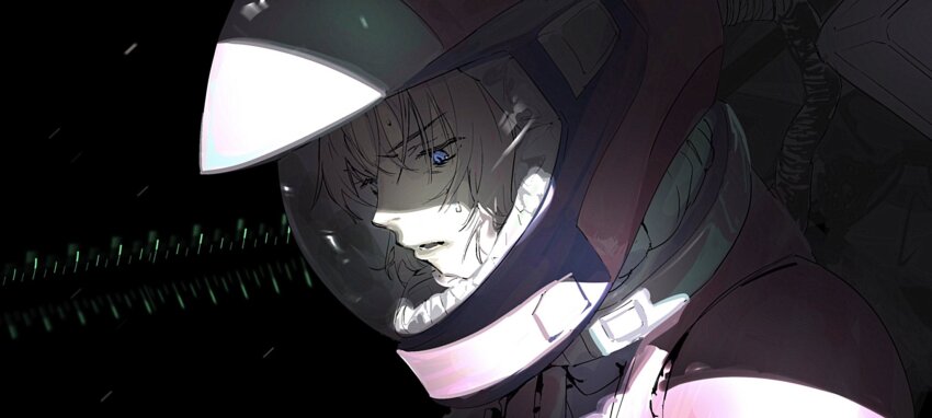 1girl bad_id bad_twitter_id black_background blue_eyes furrowed_brow grey_hair gundam gundam_unicorn helmet highres inactive_account looking_down marida_cruz open_mouth shaded_face solo space_helmet suiso_(owp) sweat upper_body