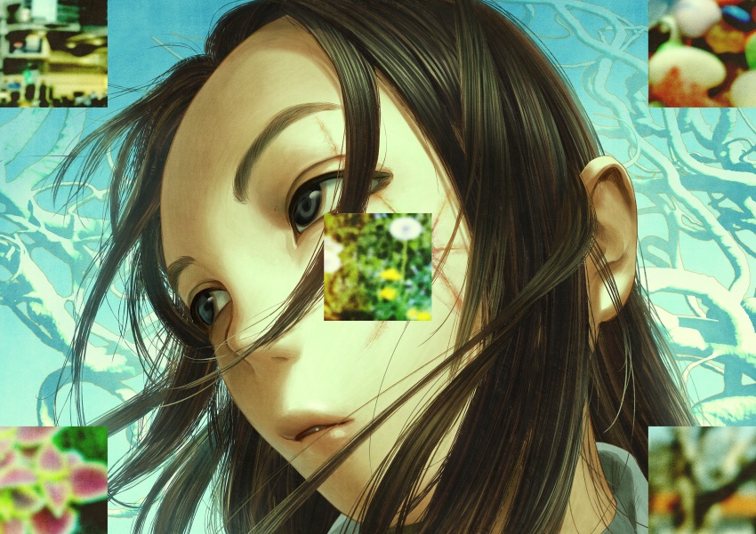 1girl black_eyes black_hair close-up commentary expressionless floating_hair flower highres kanikumi_toi long_hair looking_to_the_side mixed_media original parted_lips photo_(medium) solo surreal symbol-only_commentary