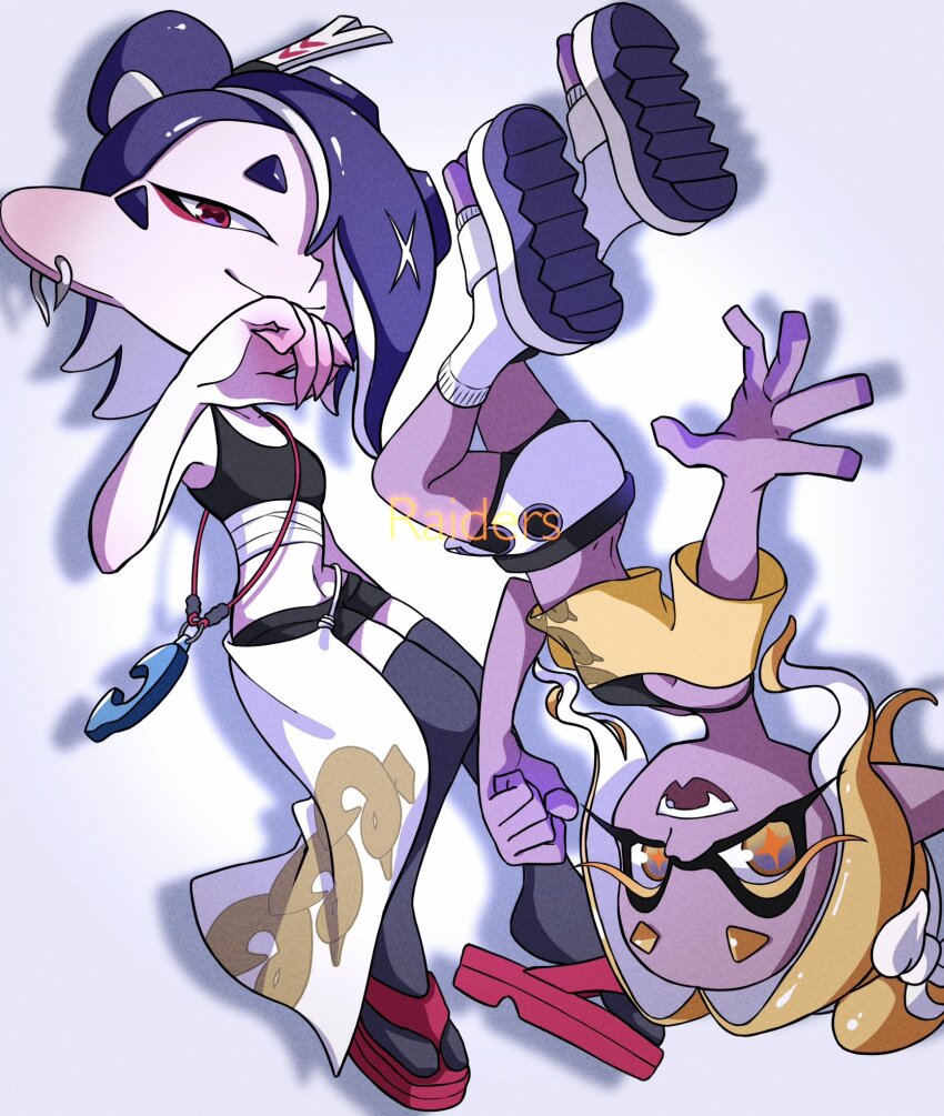 2girls black_bra black_shorts blonde_hair bra breasts cephalopod_eyes chest_sarashi closed_mouth colored_extremities colored_eyelashes commentary_request copyright_name dark-skinned_female dark_skin earrings fangs fingernails frye_(splatoon) frye_(splatoon_raiders) full_body grey_thighhighs hair_bun hair_ornament hair_over_one_eye hair_stick hand_on_own_face highres horizontal_pupils inkling jewelry long_eyelashes long_pointy_ears looking_at_viewer medium_hair midriff miniskirt multiple_girls navel nintendo octoling off-shoulder_shirt off_shoulder official_alternate_costume official_alternate_hairstyle oka_kabe one_eye_covered open_mouth parted_bangs pointy_ears purple_hair red_eyes red_shoes sandals sarashi sharp_fingernails shirt shiver_(splatoon) shiver_(splatoon_raiders) shoes short_sleeves shorts shorts_under_skirt single_hair_bun skirt small_breasts smile socks splatoon_(series) splatoon_raiders thighhighs toeless_socks torn_clothes torn_skirt underwear white_background white_sandals white_skirt white_socks yellow_shirt